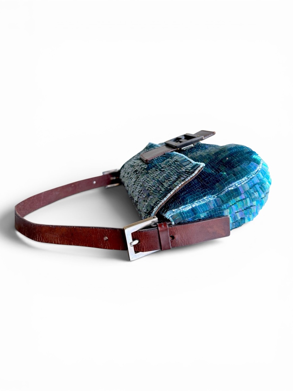 Rare Vintage Fendi Blue Iridescent Sequin Beaded Baguette - Picture 5 of 9